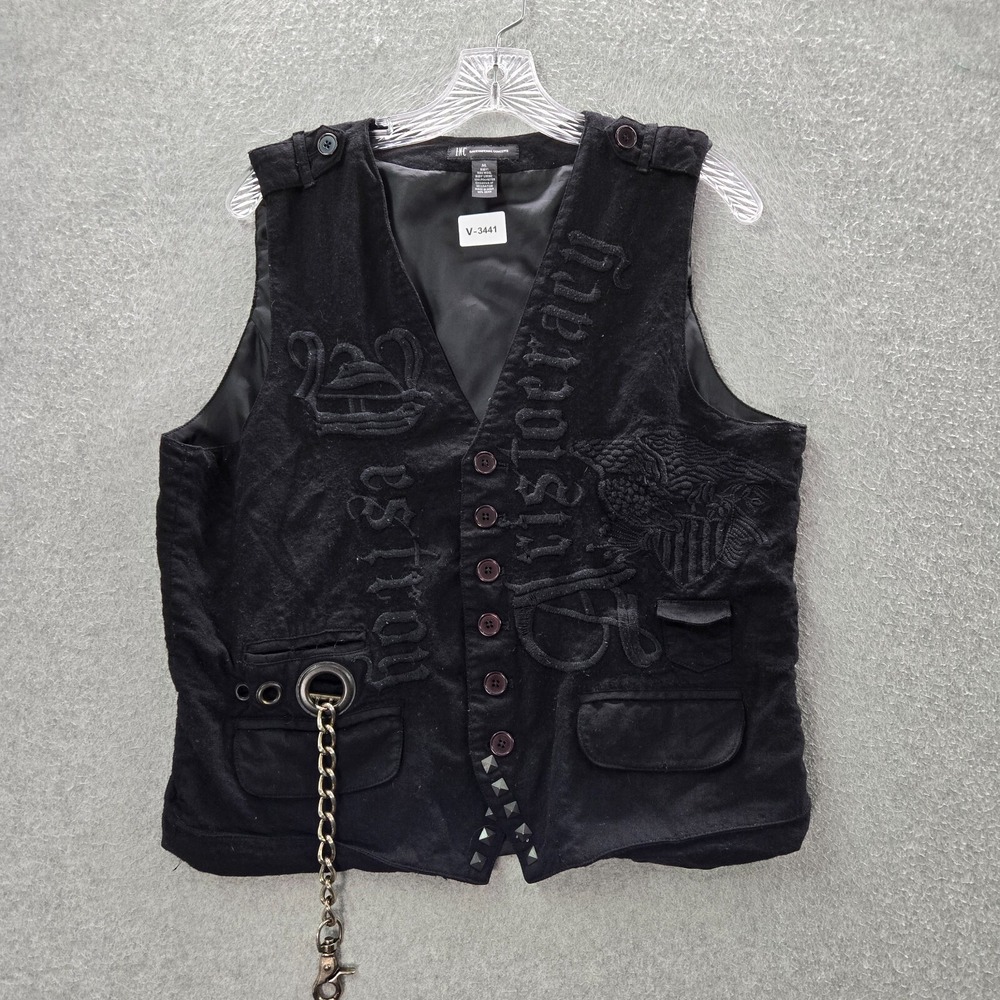 INC Women Jacket Medium Black Wool Vest Grunge Goth Biker Embroidered Y2K READ
